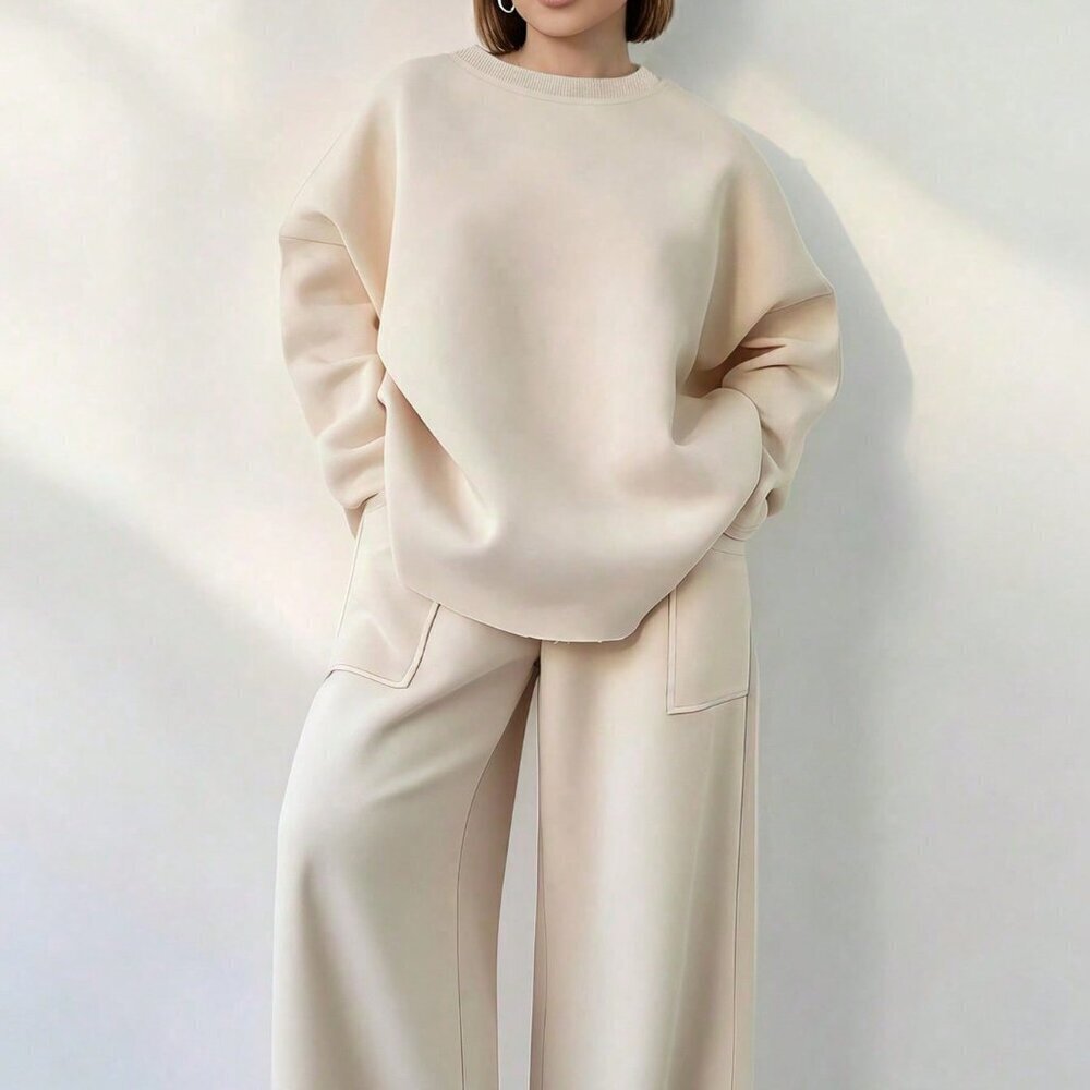 Khaki Casual Women's Plus Size Round Neck Top And Pants Set